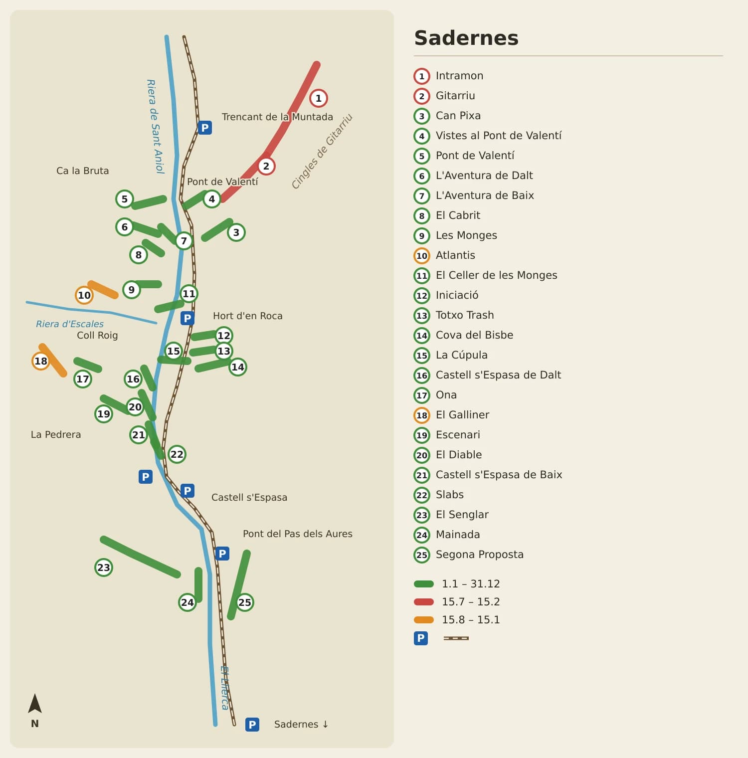 Mapa esquemàtic dels sectors d'escalada de Sadernes, numerats de l'1 al 25, amb la pista, la riera i els aparcaments
